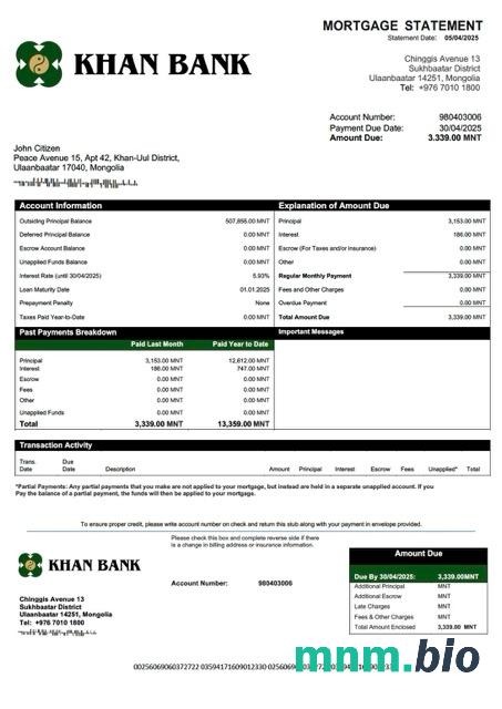Mongolia Khan Bank wyciąg z kredytu hipotecznego szablon Word i PDF